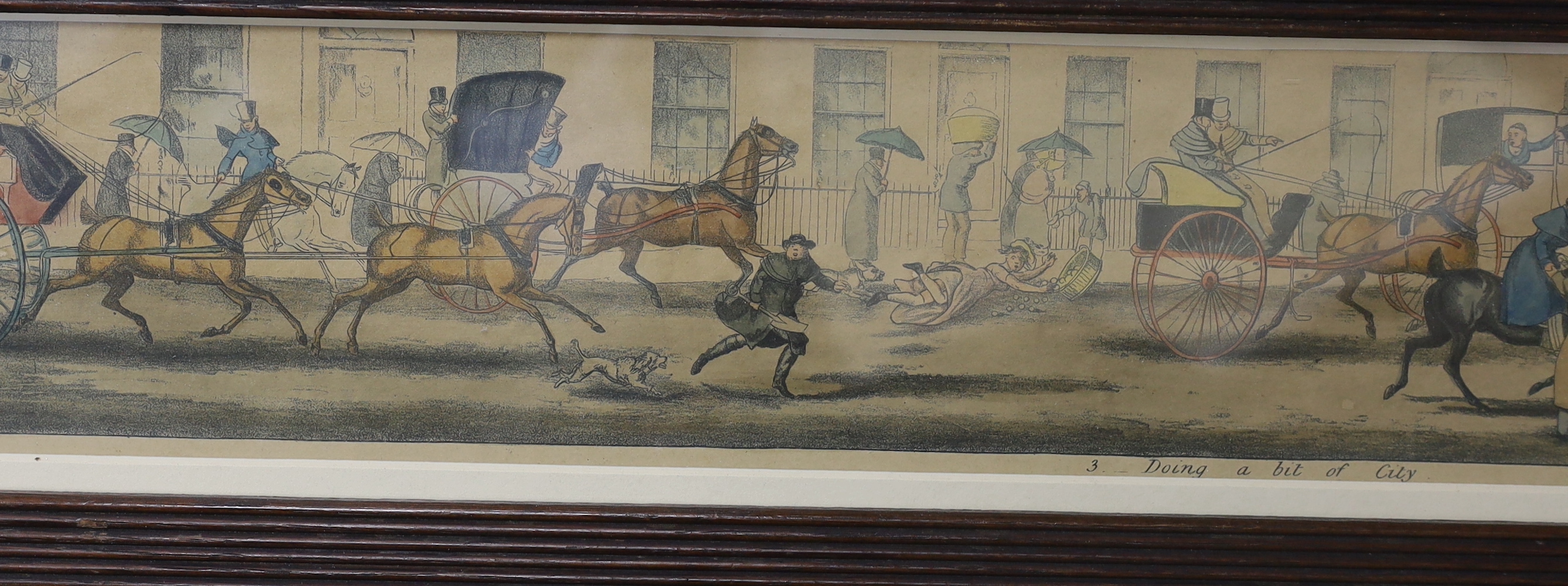 After Henry Thomas Alken (1785-1851) set of twelve 19th century colour prints, Panoramic coaching and hunting scenes, including 'Doing a bit of city', publ. S & L Fuller, London 1822, 54 x 8.5cm